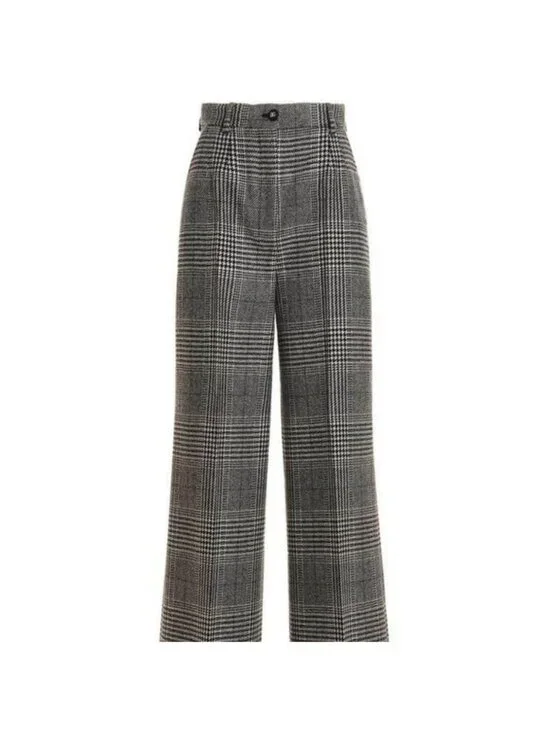 DOLCE & GABBANA Flared Glen Plaid Pants Wool Houndstooth Wide Leg Pants Logo D&G